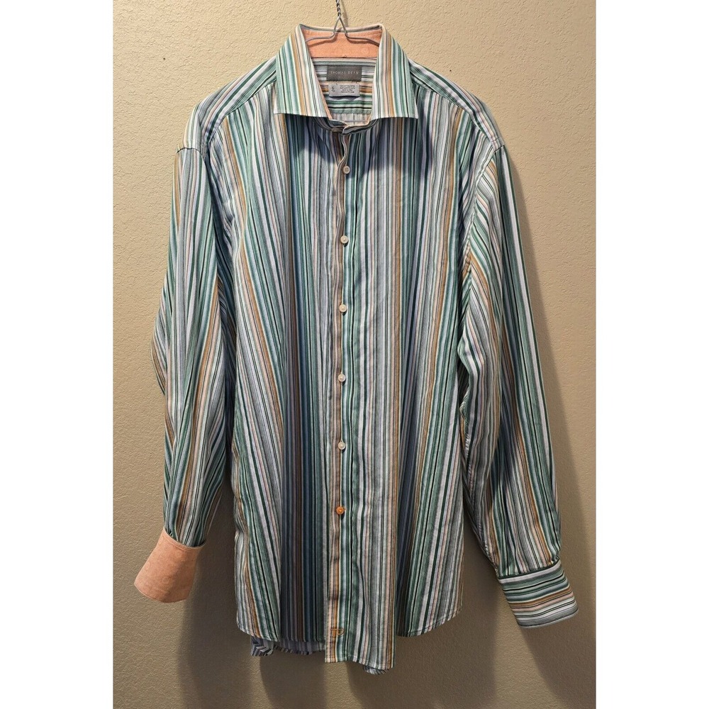 Thomas Dean TD Mens XL-TG L/S Flip‎ Cuff Green/Orange  Stripes Button Shirt